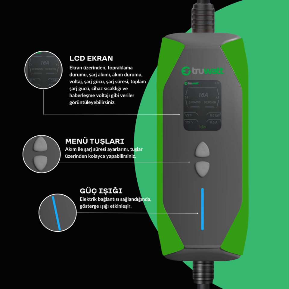 Truwatt ZT203 Taşınabilir Elektrikli Araç Şarj Cihazı 16A/3.5kW/220V (3 metre)