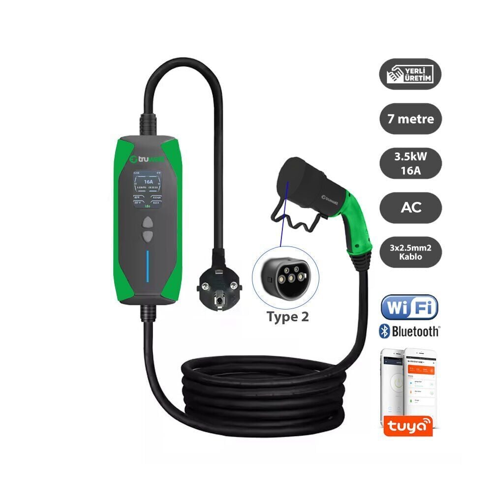 Truwatt ZT207 Taşınabilir Elektrikli Araç Şarj Cihazı 16A/3.5kW/220V (7 metre)