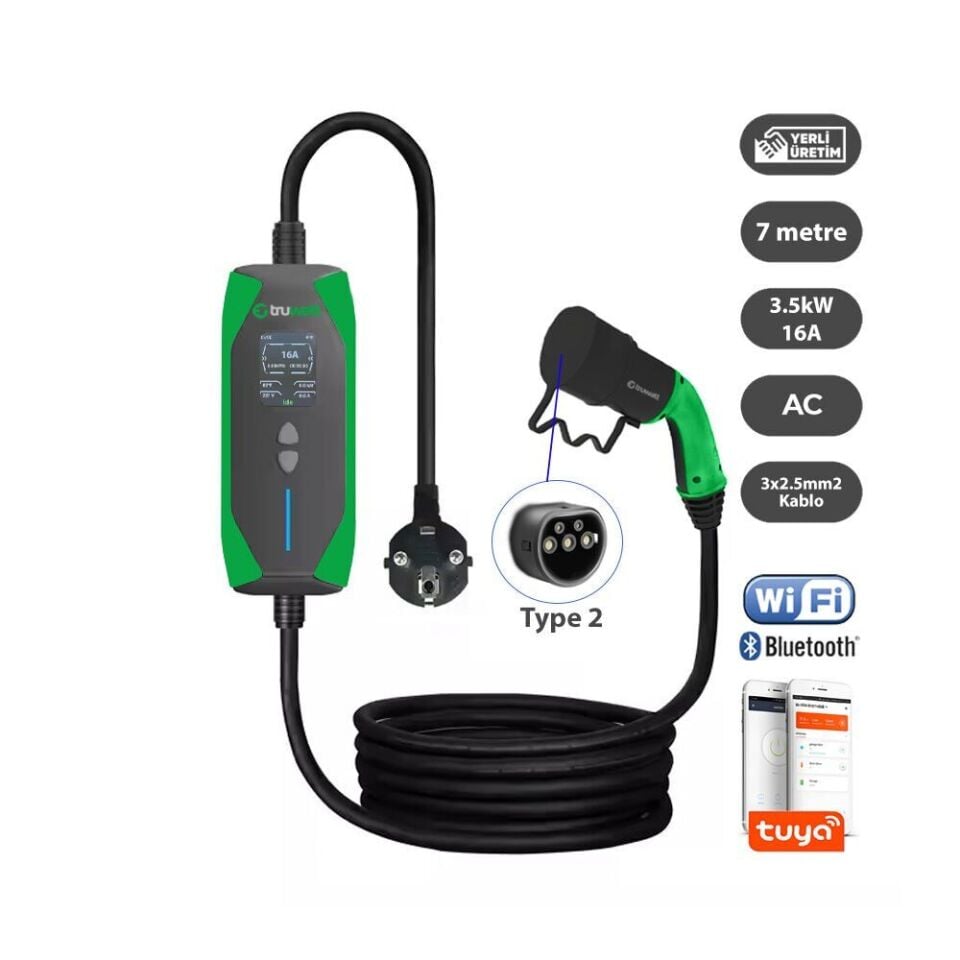 Truwatt ZT207 Taşınabilir Elektrikli Araç Şarj Cihazı 16A/3.5kW/220V (7 metre)