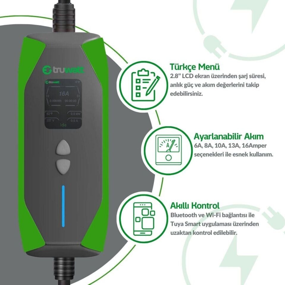 Truwatt ZT215 Taşınabilir Elektrikli Araç Şarj Cihazı 16A/3.5kW/220V (15 metre)
