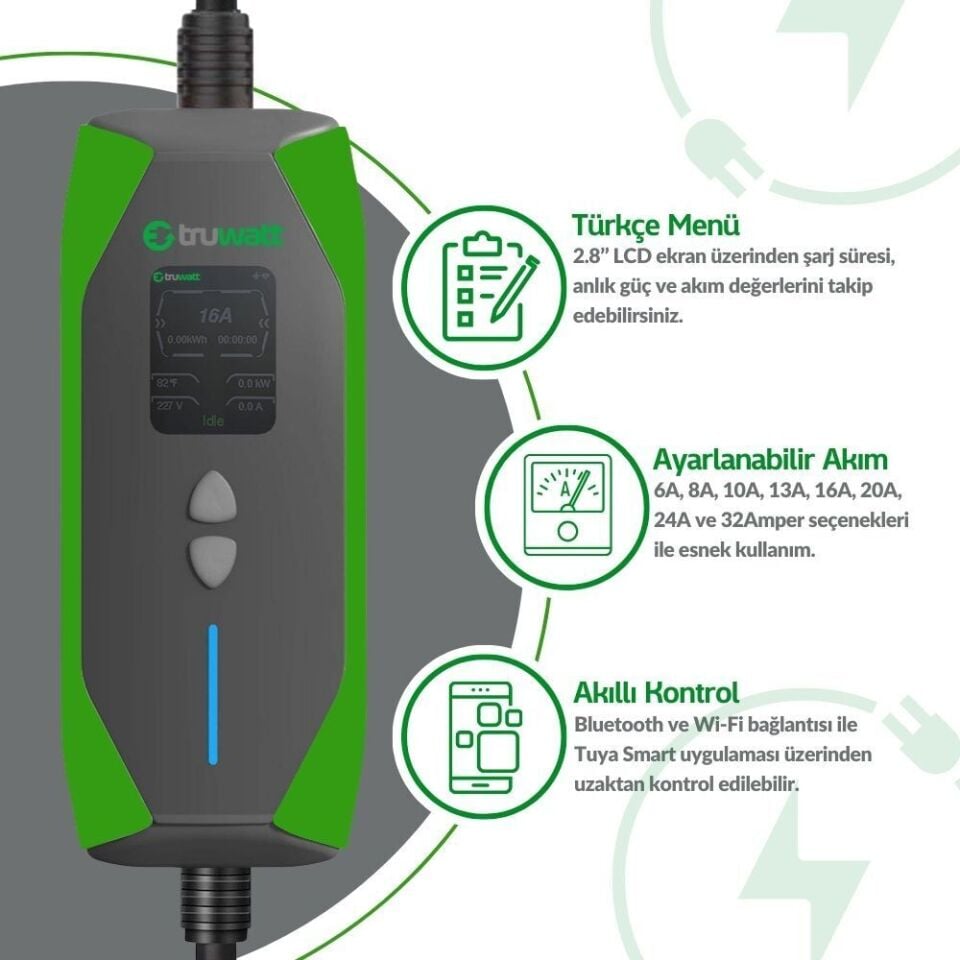 Truwatt ZT307 Taşınabilir Elektrikli Araç Şarj Cihazı 32A/7kW/220V (7 metre)