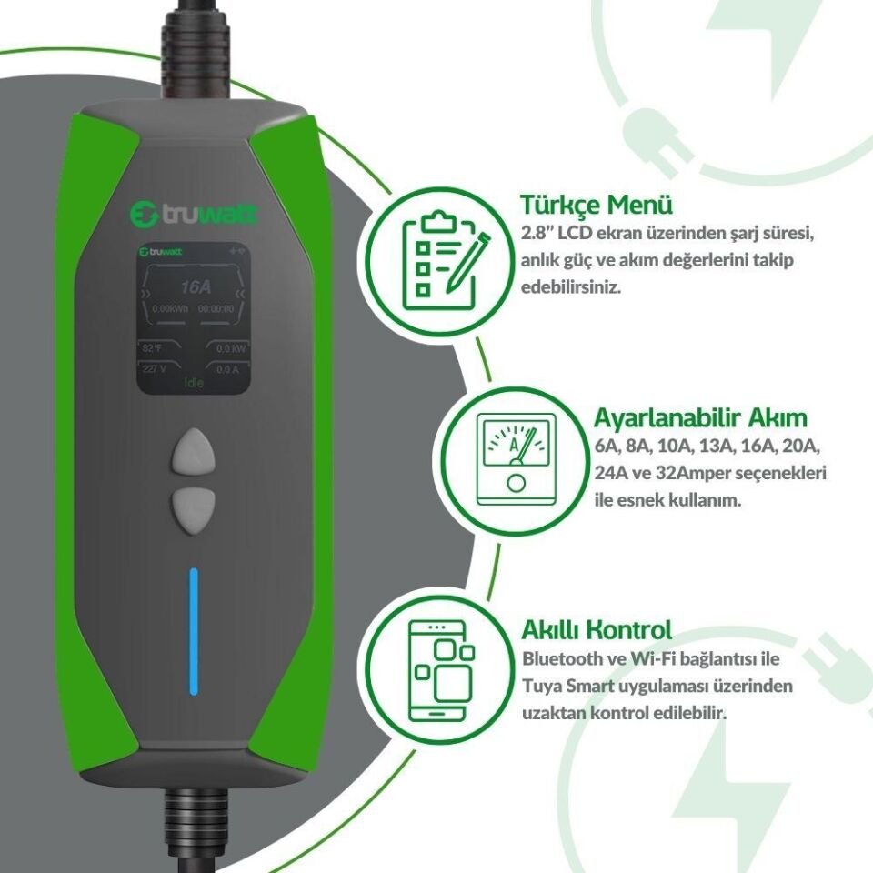 Truwatt ZT307 Taşınabilir Elektrikli Araç Şarj Cihazı 32A/7kW/220V (7 metre)