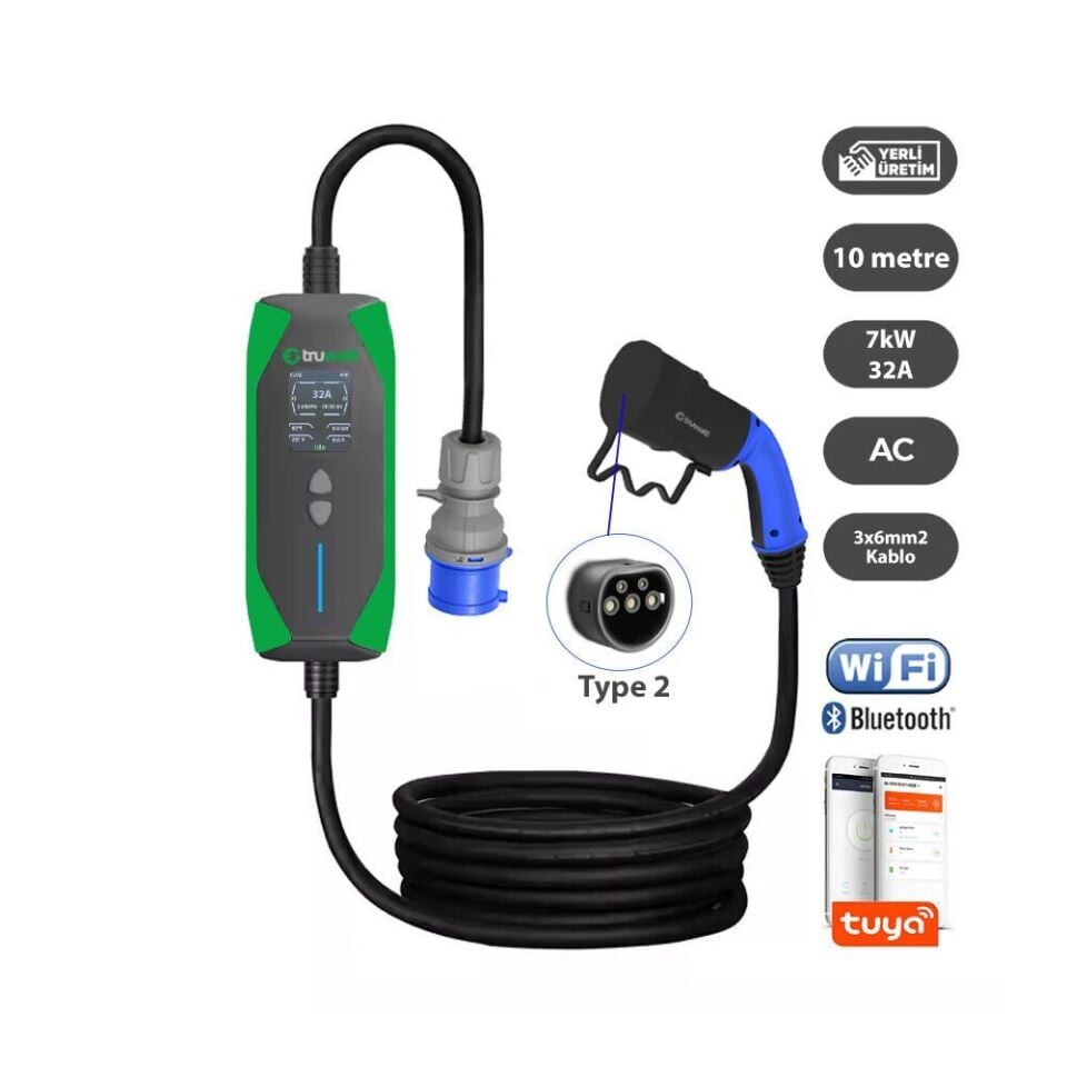 Truwatt ZT310 Taşınabilir Elektrikli Araç Şarj Cihazı 32A/7kW/220V (10 metre)