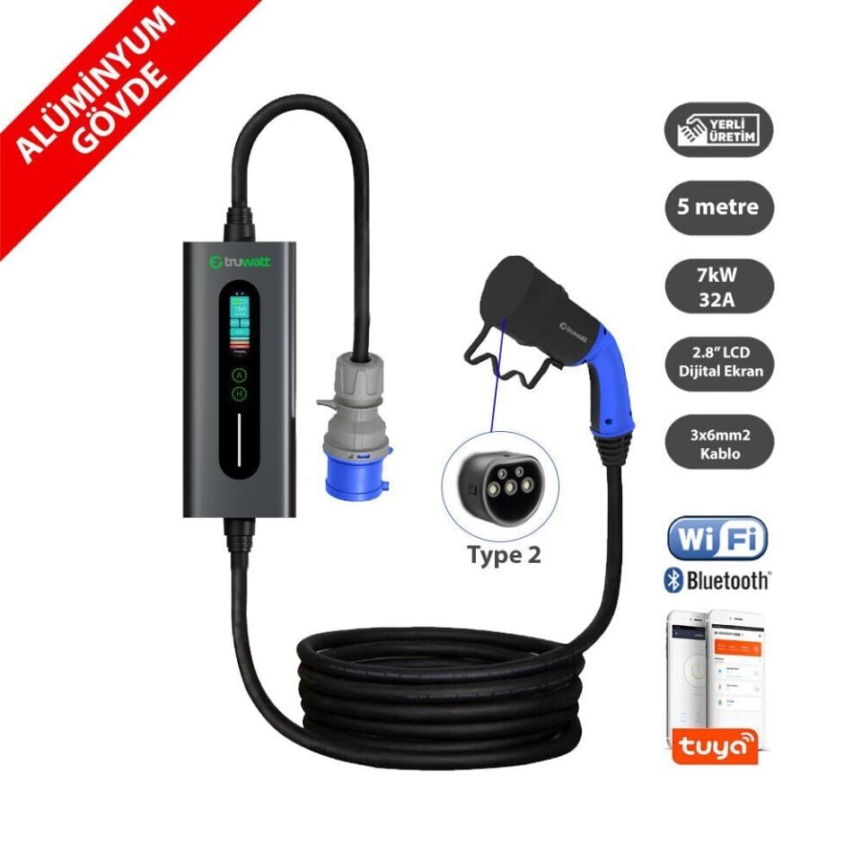 Truwatt ZTA305 Taşınabilir Elektrikli Araç Şarj İstasyonu 32A/7kW/220V (5 metre)