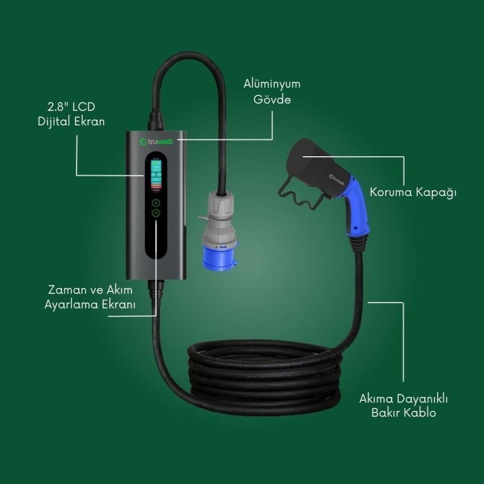 Truwatt ZTA315 Taşınabilir Elektrikli Araç Şarj Cihazı 32A/7kW/220V (15 metre)
