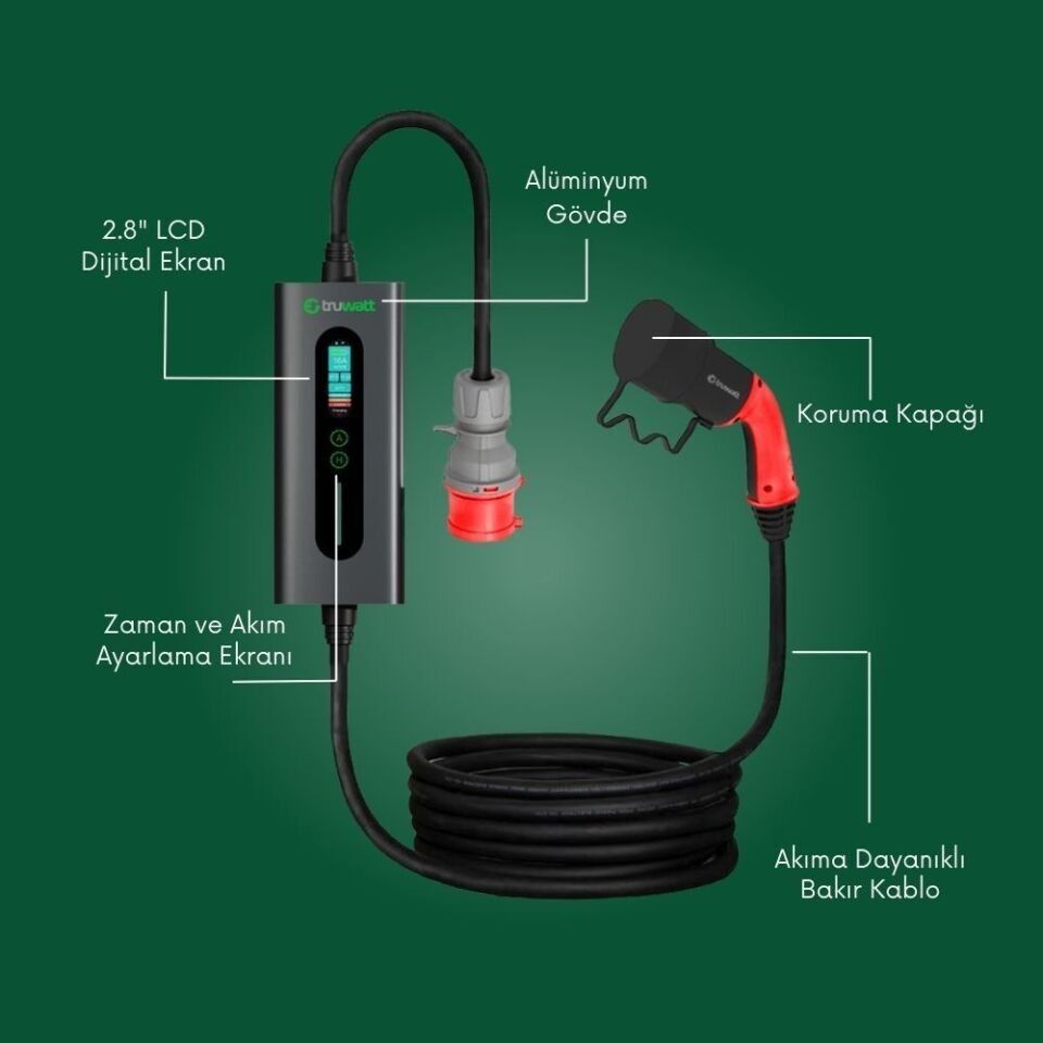Truwatt ZTA405 Taşınabilir Elektrikli Araç Şarj Cihazı 16A/11kW/380V (5 metre)