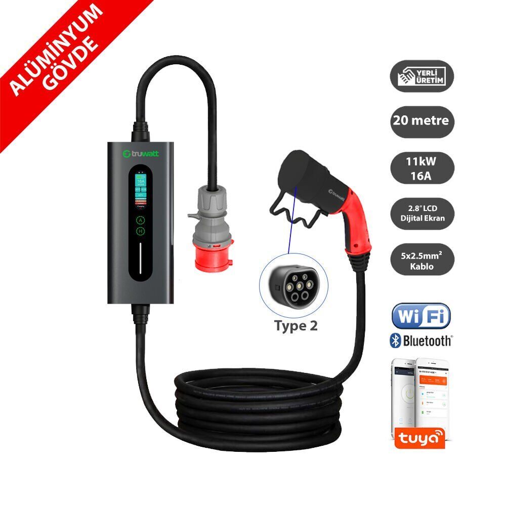 Truwatt ZTA420 Taşınabilir Elektrikli Araç Şarj Cihazı 16A/11kW/380V (20 metre)
