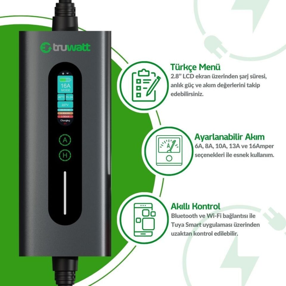 Truwatt ZTA420 Taşınabilir Elektrikli Araç Şarj Cihazı 16A/11kW/380V (20 metre)