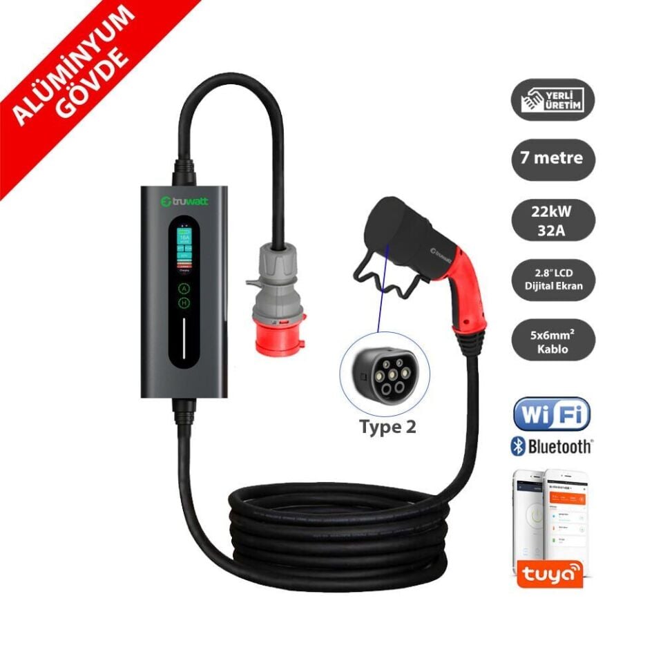 Truwatt ZTA507 Taşınabilir Elektrikli Araç Şarj Cihazı 32A/22kW/380V (7 metre)