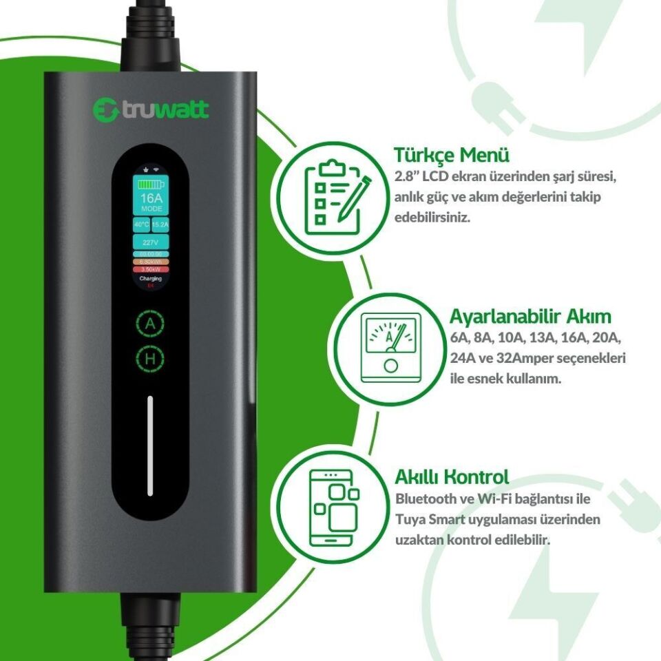 Truwatt ZTA515 Taşınabilir Elektrikli Araç Şarj Cihazı 32A/22kW/380V (15 metre)