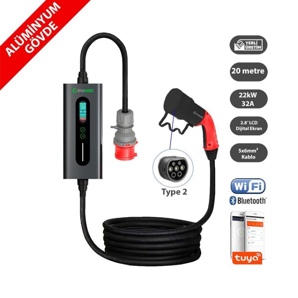 Truwatt ZTA520 Taşınabilir Elektrikli Araç Şarj Cihazı 32A/22kW/380V (20 metre)