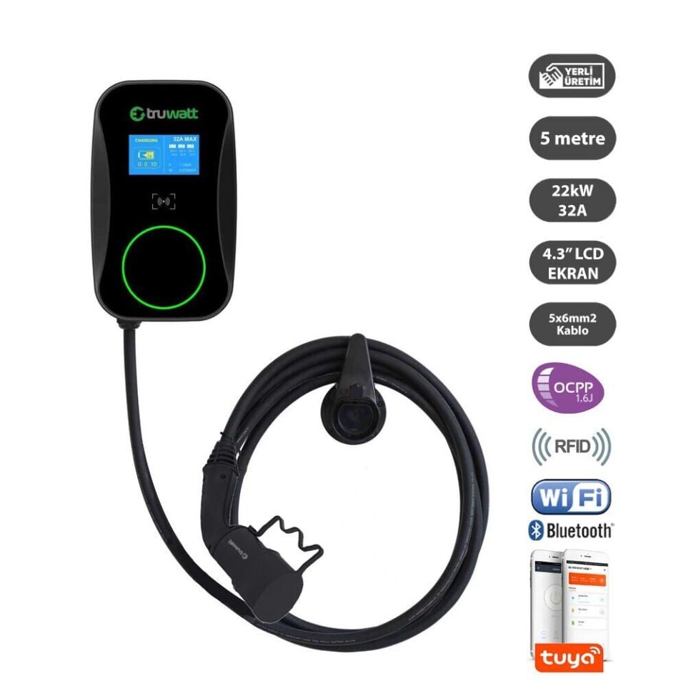 Truwatt ZTD605 Duvar Tipi Elektrikli Araç Şarj Cihazı 32A/22kW/380V (5 metre)